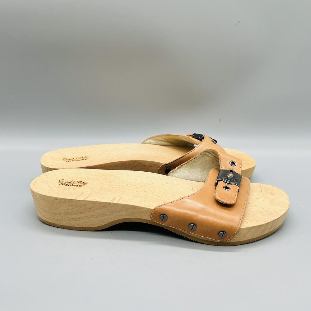 Dr Scholl's Sandals Womens 9 Brown Leather Original Slide Comfort Wooden Shoes